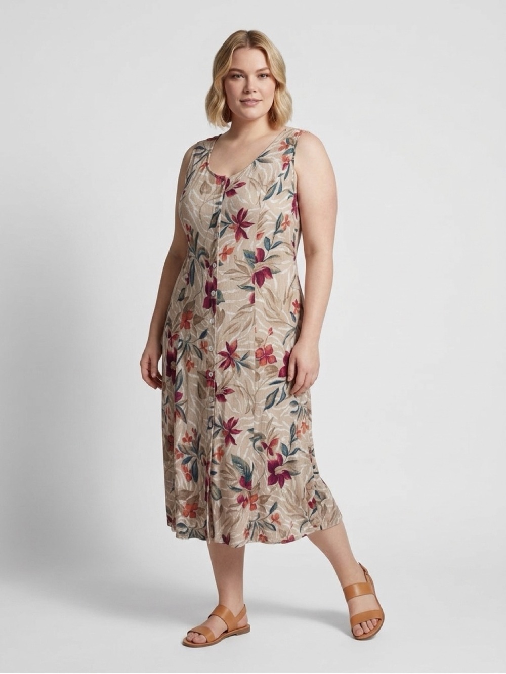 BETSY LAUREN Sleeveless Floral Button-Front Maxi Dress - Beige Floral